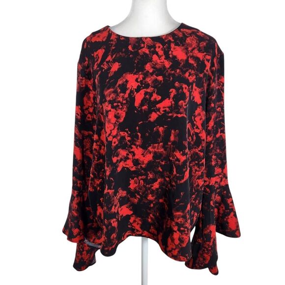 Carmen Marc Valvo Red and Black Print Blouse with Bell Sleeves NWT Size XL - Picture 1 of 9